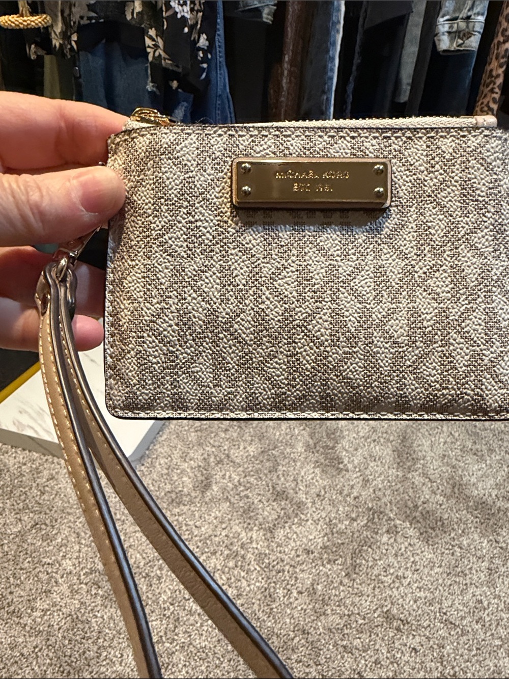 Michael Kors Beige Textured Wristlet with Gold Plate